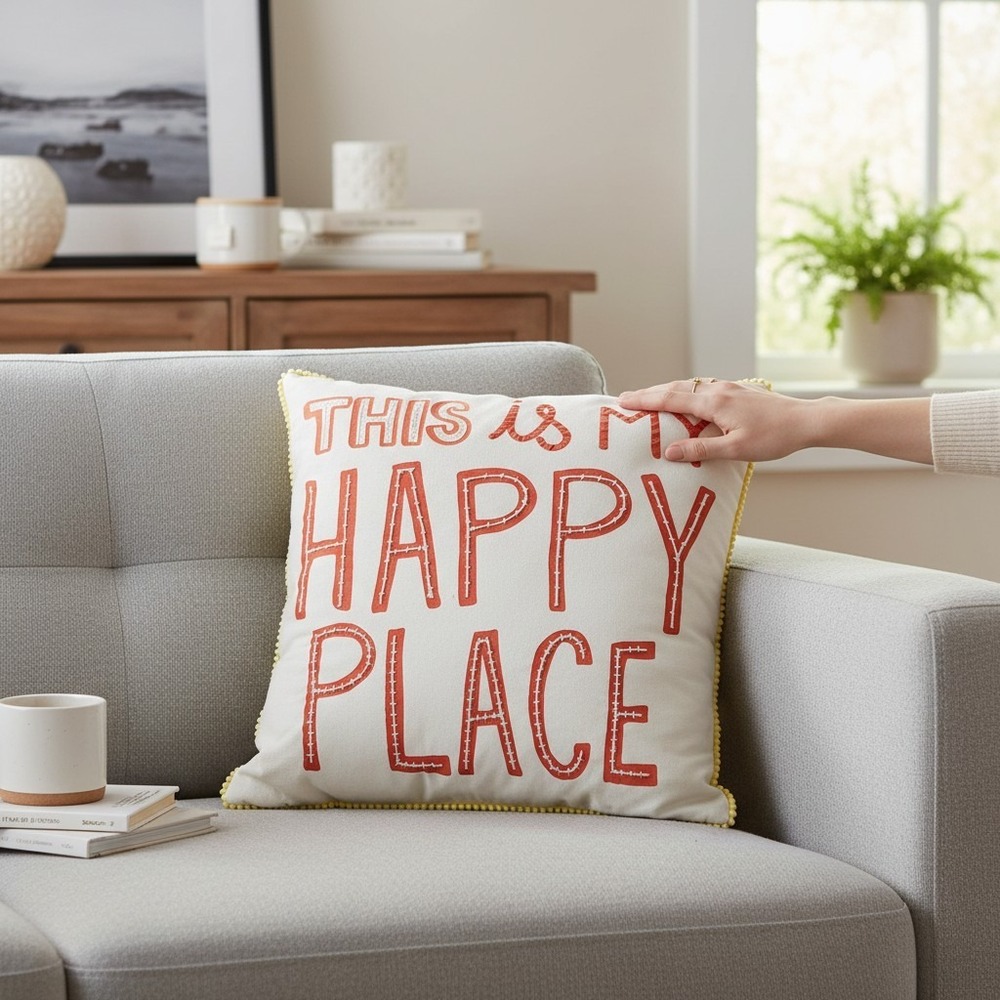Pillowfort Decorative Pillow Unisex 18x18 Cream NWOT Happy Place Pom Poms